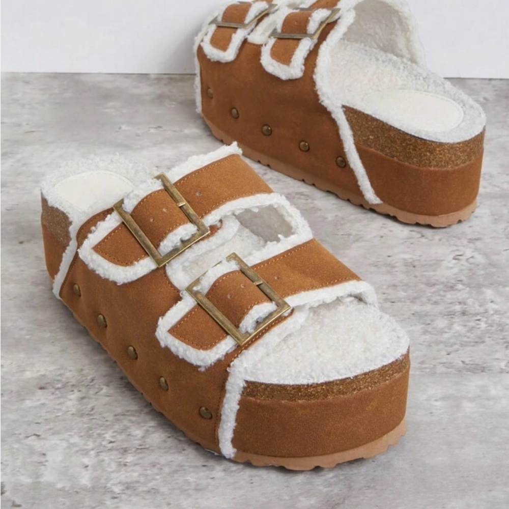Brown Shearling-Lined Platform Sandals